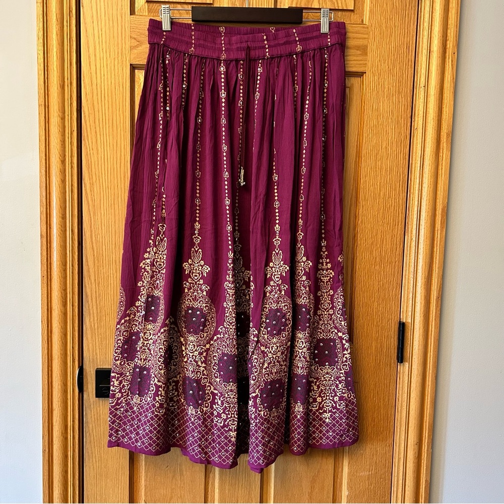 Boho Maxi Skirt Maroon Gold Paisley Print Festival Hippie Flowy Long Skirt Large - Picture 2 of 2